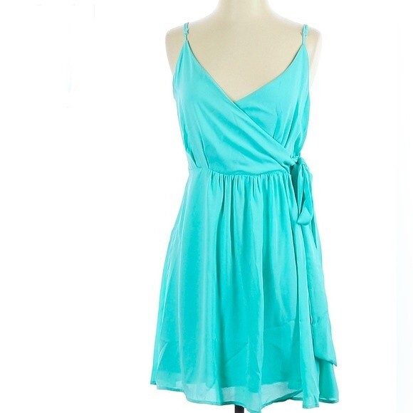 Francesca’s buttons aqua chiffon faux wrap dress size small - Picture 1 of 5